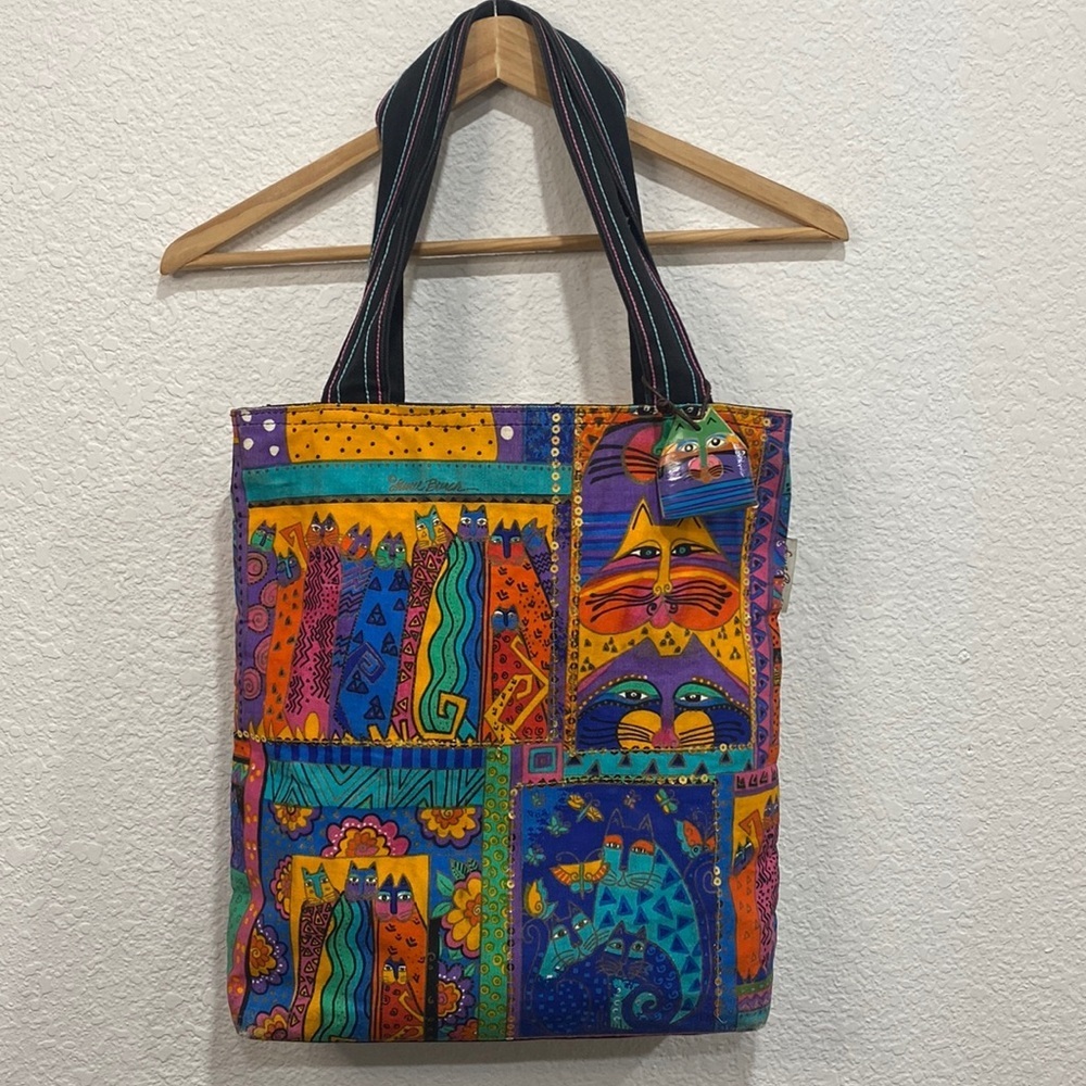 Vintage Laurel Burch Canvas Cat Multicolor Sequin Shoulder Tote Bag
